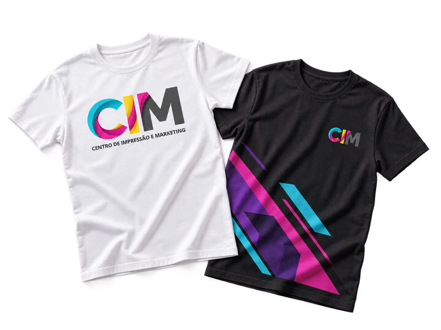 Exemplo ilustrativo de t-shirts branca e preta personalizadas com a marca CIM